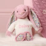 Personalised Toffee Moon luxury dawn pink cable baby blanket and tulip Jellycat blossom bunny Blankets 4