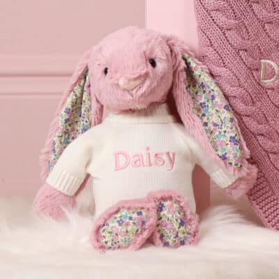 Personalised Toffee Moon luxury dawn pink cable baby blanket and tulip Jellycat blossom bunny Blankets 2