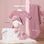 Personalised Toffee Moon luxury dawn pink cable baby blanket and tulip Jellycat blossom bunny Blankets 8