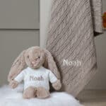 Personalised Toffee Moon luxury fudge cable baby blanket and beige Jellycat bashful bunny Baby Shower Gifts 3