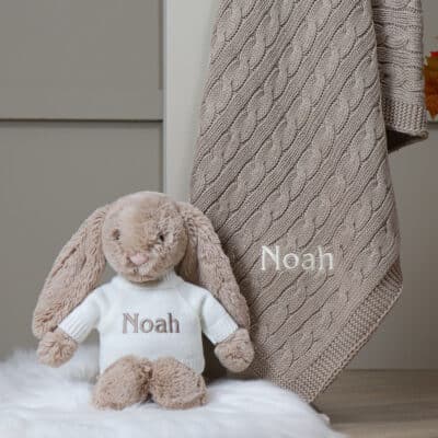 Personalised Toffee Moon luxury fudge cable baby blanket and beige Jellycat bashful bunny Baby Shower Gifts