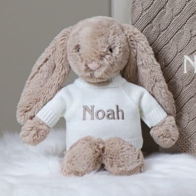 Personalised Toffee Moon luxury fudge cable baby blanket and beige Jellycat bashful bunny Baby Shower Gifts 2