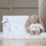 Personalised Toffee Moon luxury fudge cable baby blanket and beige Jellycat bashful bunny Baby Shower Gifts 9