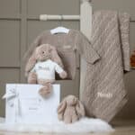 Personalised Toffee Moon luxury fudge cable baby blanket and beige Jellycat bashful bunny Baby Shower Gifts 8