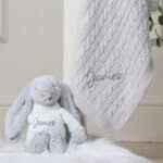 Personalised Toffee Moon luxury glacier grey cable baby blanket and silver Jellycat bashful bunny Baby Shower Gifts 3