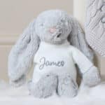 Personalised Toffee Moon luxury glacier grey cable baby blanket and silver Jellycat bashful bunny Baby Shower Gifts 4