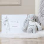 Personalised Toffee Moon luxury glacier grey cable baby blanket and silver Jellycat bashful bunny Baby Shower Gifts 9