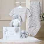 Personalised Toffee Moon luxury glacier grey cable baby blanket and silver Jellycat bashful bunny Baby Shower Gifts 8