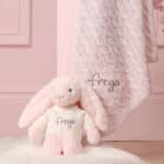 Personalised Toffee Moon luxury petal pink cable baby blanket and pale pink Jellycat bashful bunny Blankets 3