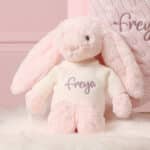 Personalised Toffee Moon luxury petal pink cable baby blanket and pale pink Jellycat bashful bunny Blankets 4