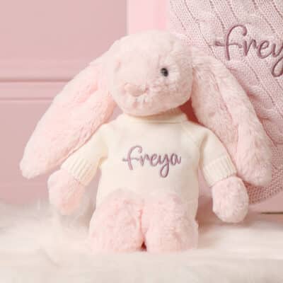 Personalised Toffee Moon luxury petal pink cable baby blanket and pale pink Jellycat bashful bunny Blankets 2