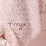 Personalised Toffee Moon luxury petal pink cable baby blanket and pale pink Jellycat bashful bunny Blankets 5