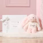 Personalised Toffee Moon luxury petal pink cable baby blanket and pale pink Jellycat bashful bunny Blankets 9