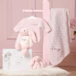 Personalised Toffee Moon luxury petal pink cable baby blanket and pale pink Jellycat bashful bunny Blankets 8