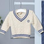 Personalised Toffee Moon baby and toddler cricket jumper with blue stripes Baby Wear 3