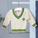 Personalised Toffee Moon baby and toddler cricket jumper with green stripes Baby Wear 3