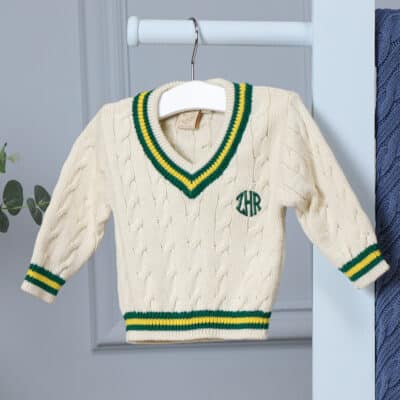 Personalised Toffee Moon baby and toddler cricket jumper with green stripes Baby Wear