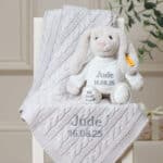 Personalised My First Steiff beige rabbit and Toffee Moon luxury cable blanket gift set Blankets 3