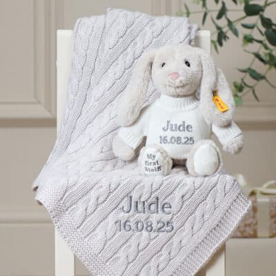 Personalised My First Steiff beige rabbit and Toffee Moon luxury cable blanket gift set Blankets 2