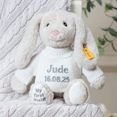 Personalised My First Steiff beige rabbit and Toffee Moon luxury cable blanket gift set Blankets 3