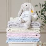 Personalised My First Steiff beige rabbit and Toffee Moon luxury cable blanket gift set Blankets 7