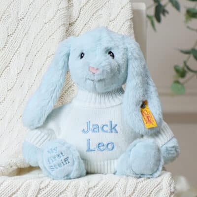 Personalised My First Steiff blue rabbit and Toffee Moon luxury cable blanket gift set Blankets 2