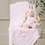 Personalised My First Steiff pink rabbit and Toffee Moon luxury cable blanket gift set Blankets 3