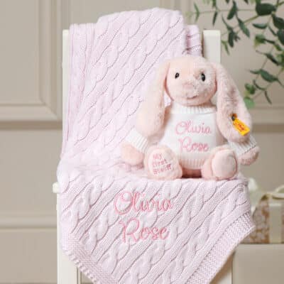 Personalised My First Steiff pink rabbit and Toffee Moon luxury cable blanket gift set Blankets