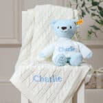 Personalised My First Steiff blue teddy bear and Toffee Moon luxury cable blanket gift set Blankets 3