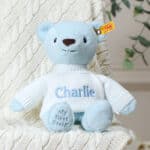 Personalised My First Steiff blue teddy bear and Toffee Moon luxury cable blanket gift set Blankets 4