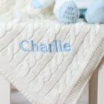 Personalised My First Steiff blue teddy bear and Toffee Moon luxury cable blanket gift set Blankets 5