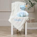 Personalised My First Steiff blue teddy bear and Toffee Moon luxury cable blanket gift set Blankets 6