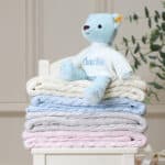 Personalised My First Steiff blue teddy bear and Toffee Moon luxury cable blanket gift set Blankets 7