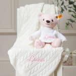 Personalised My First Steiff pink teddy bear and Toffee Moon luxury cable blanket gift set Blankets 3