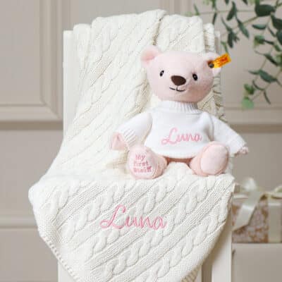 Personalised My First Steiff pink teddy bear and Toffee Moon luxury cable blanket gift set Blankets