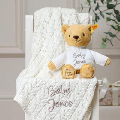 Personalised My First Steiff tan teddy bear and Toffee Moon luxury cable blanket gift set Blankets