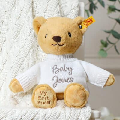 Personalised My First Steiff tan teddy bear and Toffee Moon luxury cable blanket gift set Blankets 2