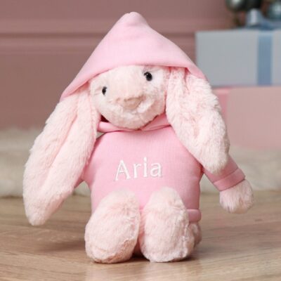 Personalised Jellycat medium pink or blue bashful bunny soft toy with pastel hoodie Baby Shower Gifts 2