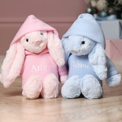 Personalised Jellycat medium pink or blue bashful bunny soft toy with pastel hoodie Baby Shower Gifts