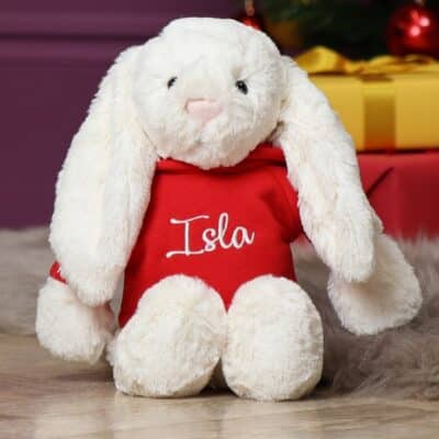 Personalised Jellycat medium cream bashful bunny soft toy with red hoodie Personalised Soft Toys 2