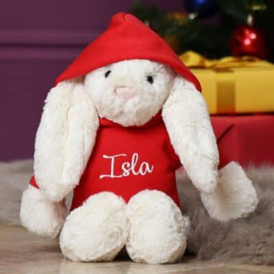 Personalised Jellycat medium cream bashful bunny soft toy with red hoodie Personalised Soft Toys