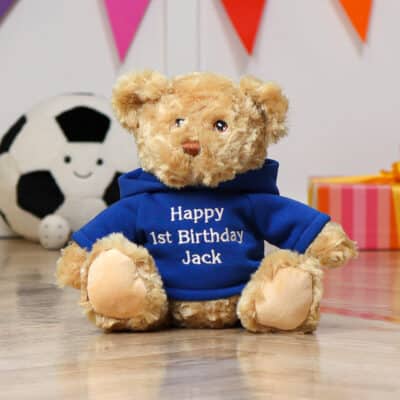 Personalised Keeleco medium Dougie bear with blue hoodie Birthday Gifts