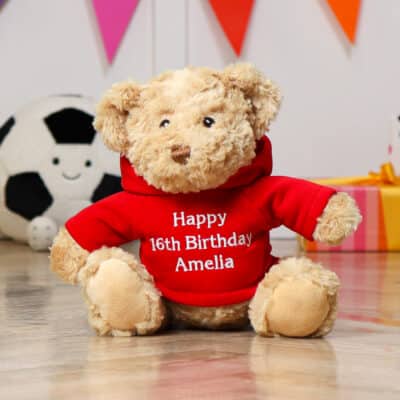 Personalised Keeleco medium Dougie bear with red hoodie Birthday Gifts