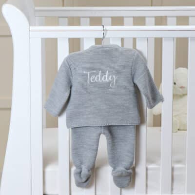 Dandelion grey personalised knitted jacket and leggings set Baby Wear